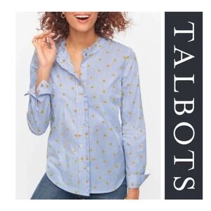 Talbots Hearts Stripped Ruffle Collar Long Sleeve Cotton Button Up Size LP